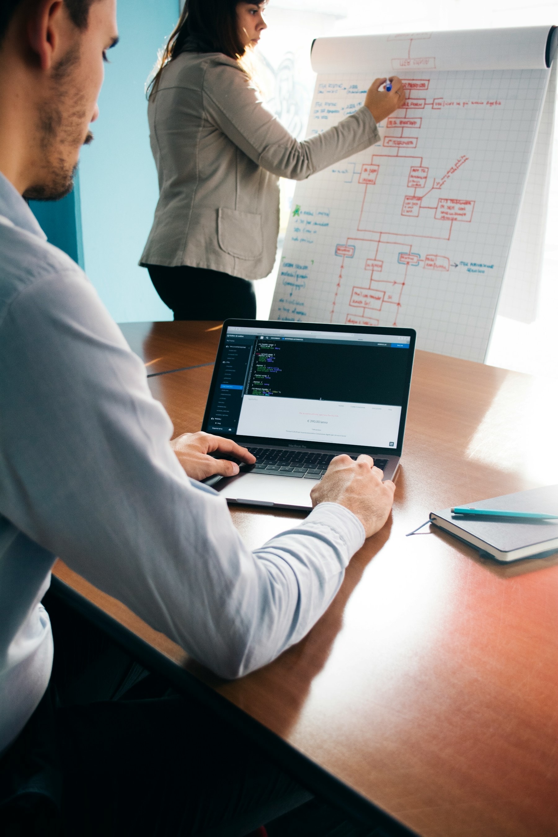 A colleague mapping a process on a flip chart while another works on a laptop